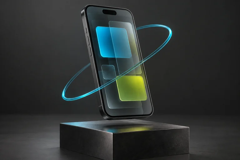 Ilustração de um aplicativo em um celular com elementos digitais azuis e verdes.